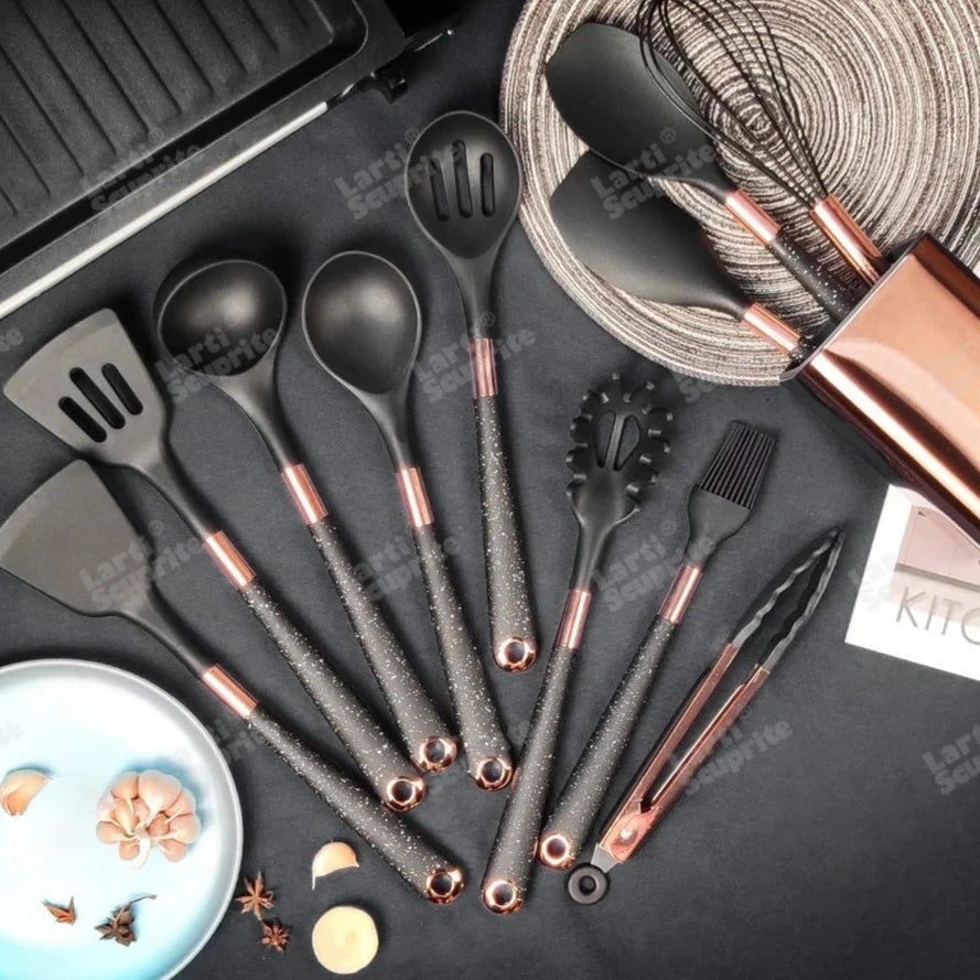 Silicone Rose Gold with Wooden Handle Utensil Set (12pc)