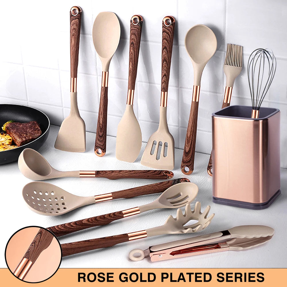 Silicone Rose Gold with Wooden Handle Utensil Set (12pc)