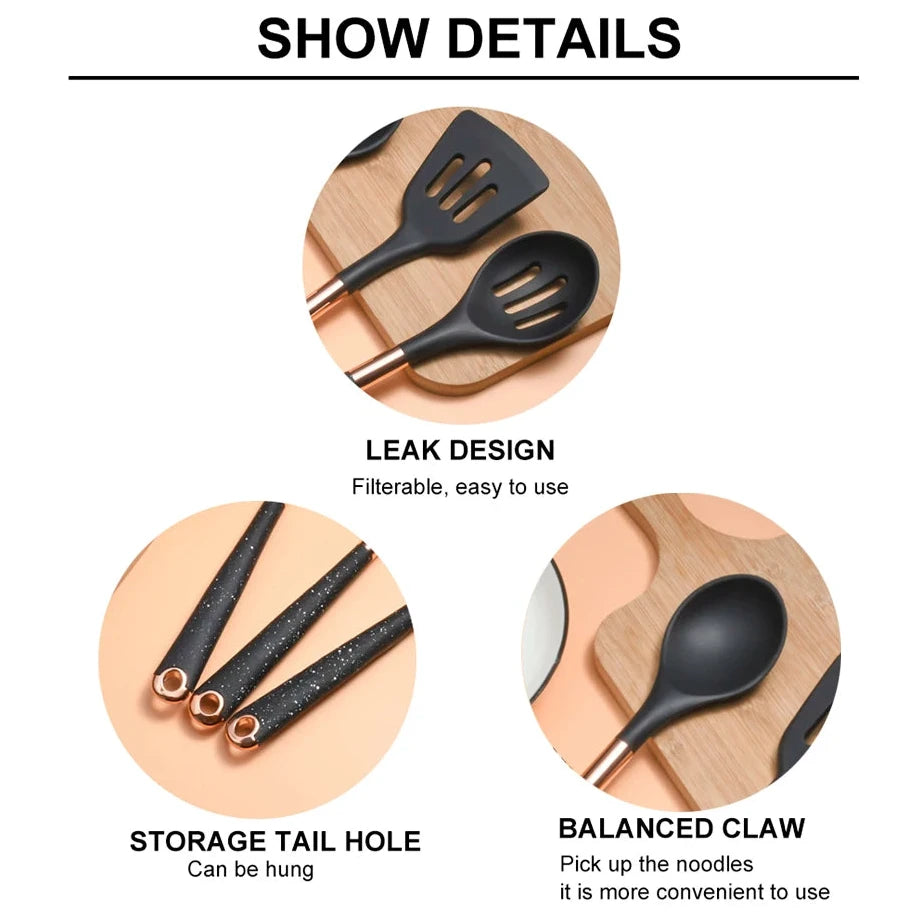 Silicone Rose Gold with Wooden Handle Utensil Set (12pc)